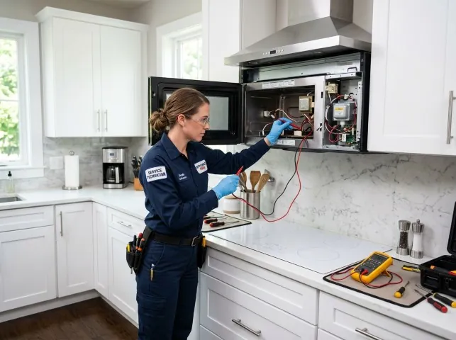Appliance Repair Hero technician testing an over-the-range microwave in a Aptos, CA kitchen
